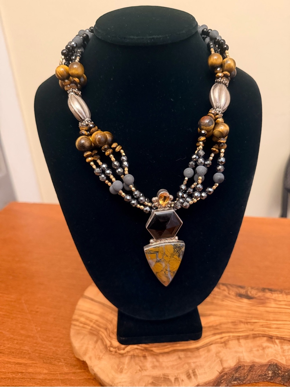 925 Sterling Silver Multi Strand Natural Gemstone Tiger Eye Statement Necklace